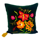 Embroidered velvet Mila pillows saffron, dark green, plum