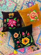 Embroidered velvet Mila pillows saffron, dark green, plum