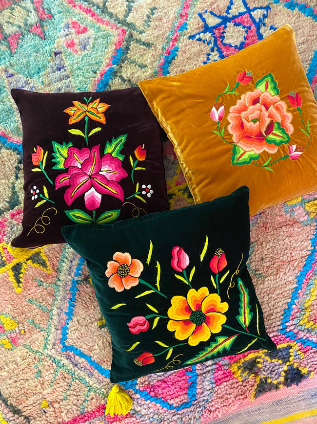 Embroidered velvet Mila pillows saffron, dark green, plum