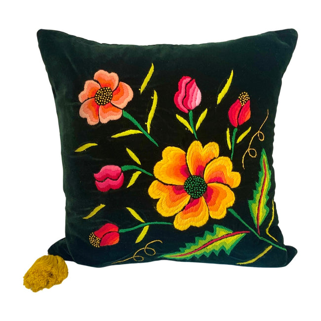 Embroidered velvet Mila pillows saffron, dark green, plum