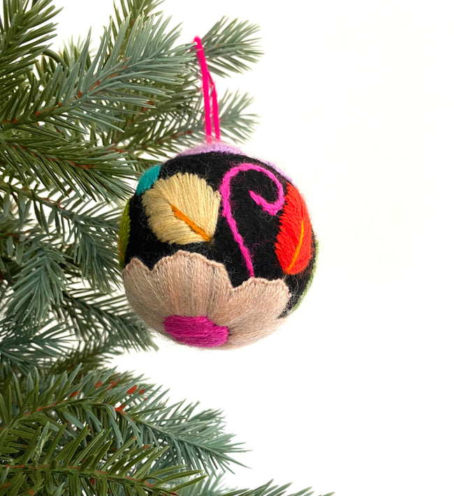 Embroidered felt ball black flowers