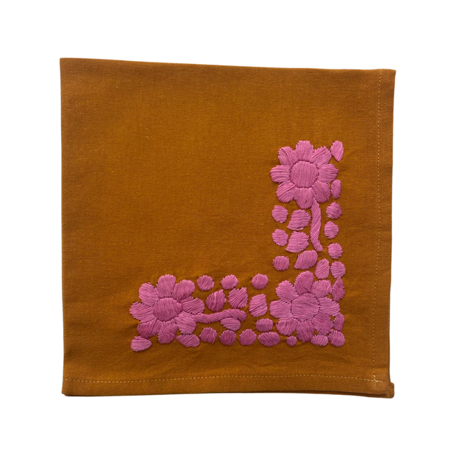 Set of 4 embroidered napkins mustard/pink