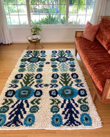 Wool shag rug floral blues/ greens