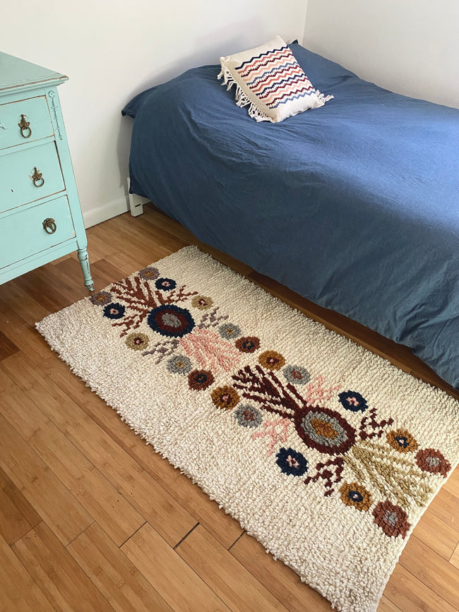 Small Wool shag rug floral navy/nudes